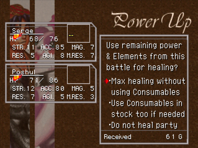 Left side: Characters in Chrono Cross briefly earn small stat bonuses from normal encounters, but overall growth is strictly gated by boss battles. Right side: "free" healing with the battle resources you didn't use is one of the most player-friendly features of the game.